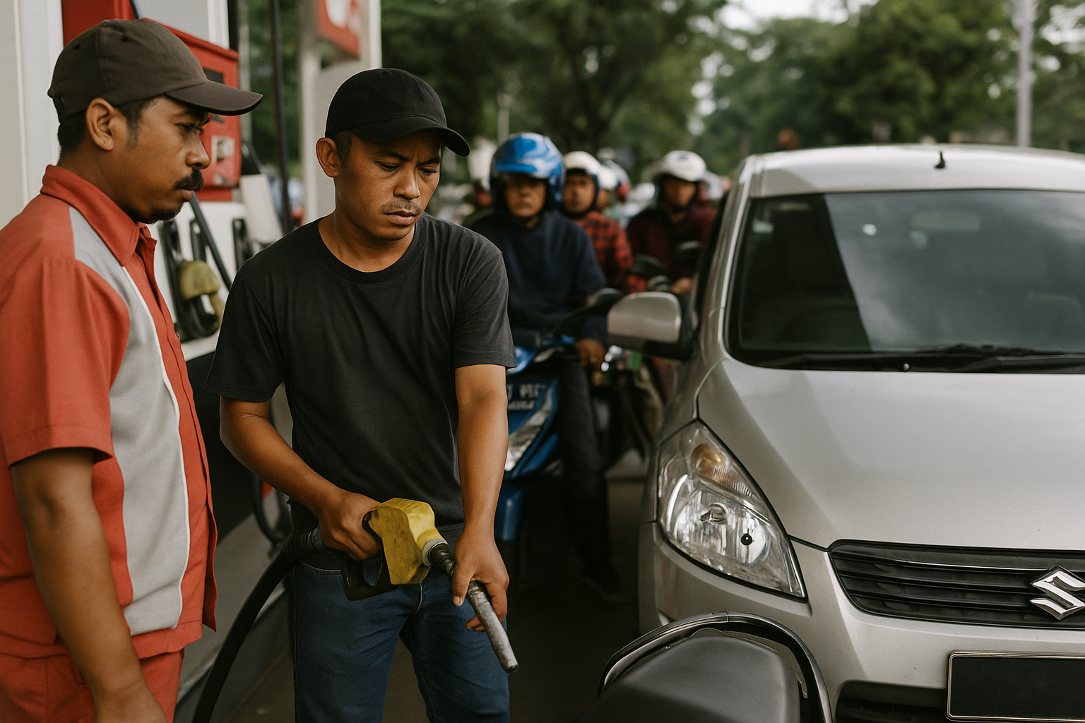 Petugas mengisi BBM di stasiun pengisian bahan bakar umum