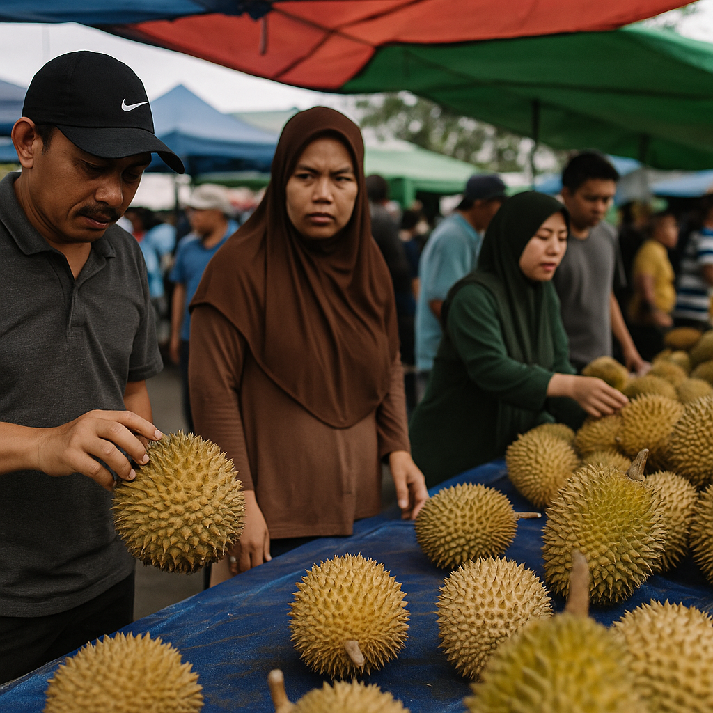 Suasana bazar durian dengan tumpukan buah durian segar di lapak pedagang